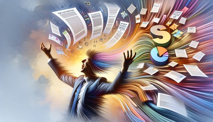 What to Ask Before Consolidating Your Debt: Key Questions | DCL A person feeling relieved and joyful amidst symbols of debt consolidation: merged documents, lower interest rates, and a path to financial freedom.