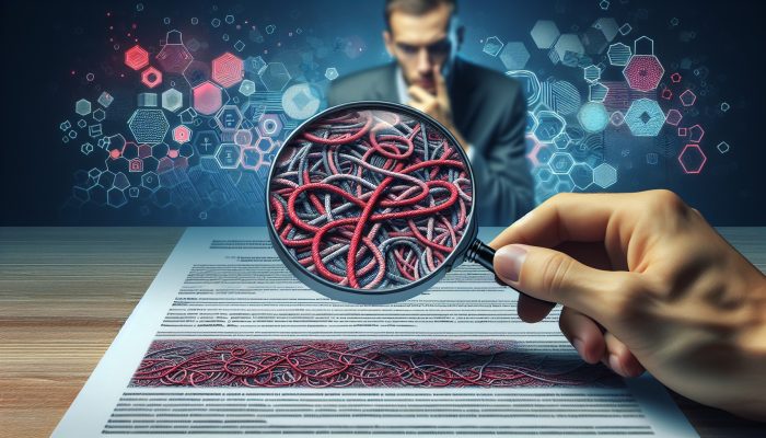 What to Ask Before Consolidating Your Debt: Key Questions | DCL A magnifying glass examining a loan document with hidden fees highlighted in red, a concerned person reviewing charts.