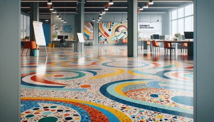 A vibrant, polished terrazzo floor in an office, showcasing colourful, recycled materials and an elegant pattern.