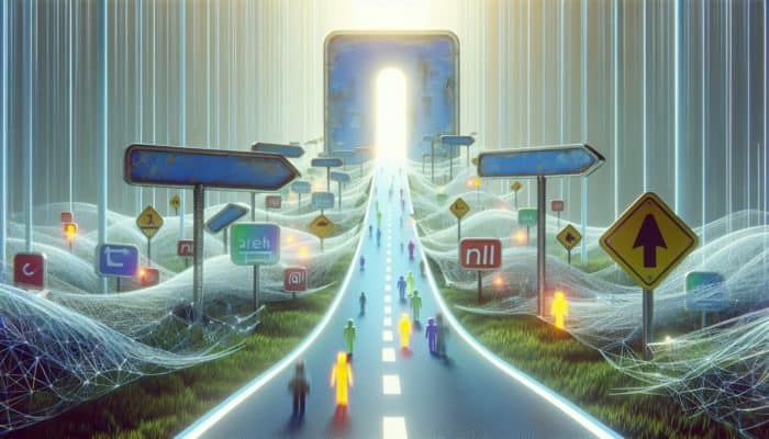 Utilise 301 Redirects for Link Equity: A digital path from an old, faded URL to a new, vibrant URL, symbolising a seamless 301 redirect, with search engine bots and users following.