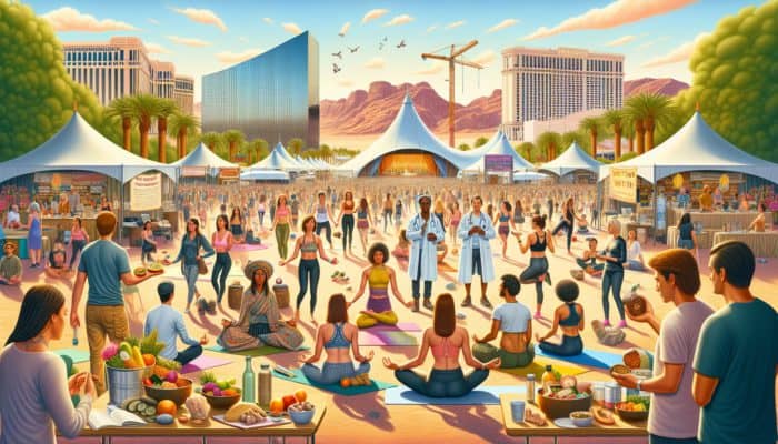 An electrifying gathering at MindBodyGreen Revitalize in Las Vegas, showcasing yoga, meditation, and nutrition workshops featuring diverse participants and holistic health experts.