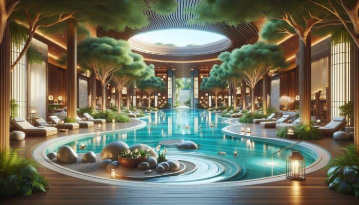 A tranquil spa retreat in Las Vegas featuring peaceful pools, lush greenery, and luxurious treatment rooms dedicated to holistic health.