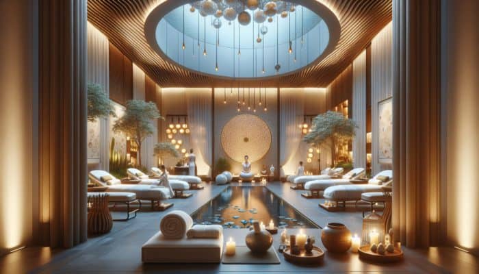 A calming scene at Awana Spa in Las Vegas, showcasing massage tables, soft lighting, and a meditation area where guests can relax.