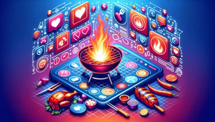 Top BBQ Hashtags for Visibility: A vibrant social media interface with popular BBQ hashtags and user engagement.