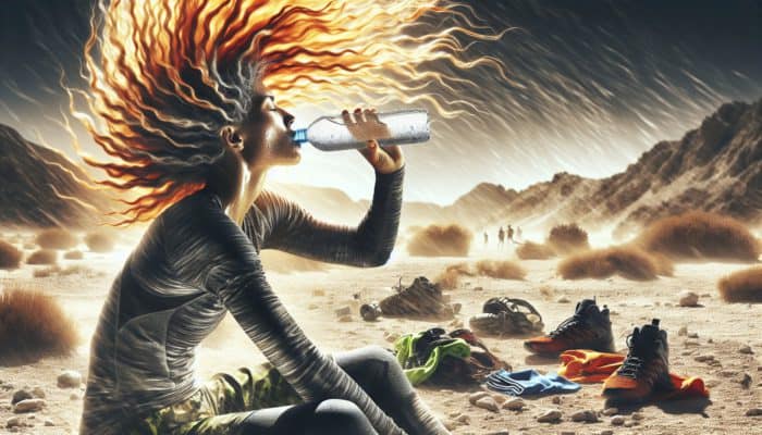 Person drinking water in a hot, arid environment, surrounded by sports equipment, showcasing healthy, vibrant hair.