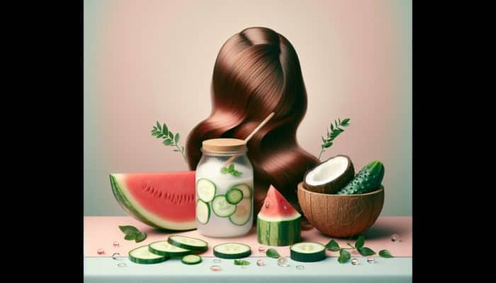 A still life of watermelon, cucumber, and coconut water surrounding healthy hair on a pastel background.