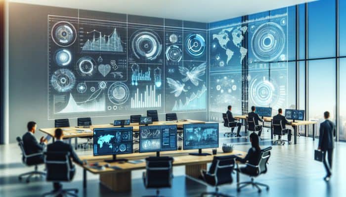 A digital dashboard showing sanity metrics and strategic marketing elements in a modern office.