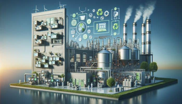 Modern factory employing sustainable practices and green energy in the production of eco-friendly cookware.