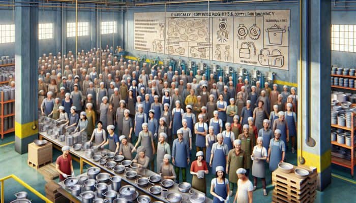 Workers in a vibrant factory, smiling, receiving fair wages in safe, clean conditions, surrounded by ethically sourced cookware.