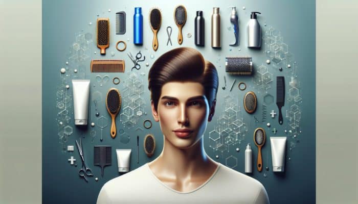 A person confidently styling smooth, manageable hair into chic hairstyles with hair care products in the background.