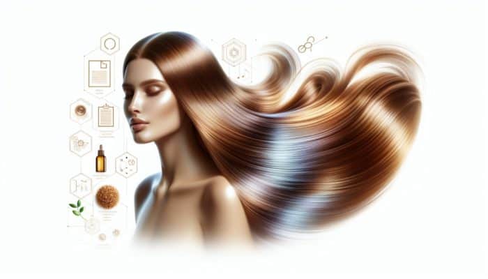 Woman with long, flowing hair glistening under sunlight, symbolizing youthfulness and wellness.