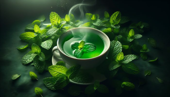 A steaming cup of peppermint tea with fresh leaves and a soothing green glow, symbolising health benefits.