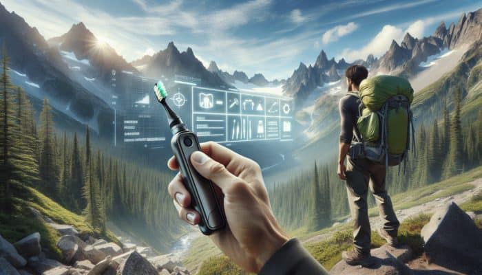 A hiker using a compact, foldable toothbrush with built-in toothpaste on the Pacific Crest Trail, amidst mountains.