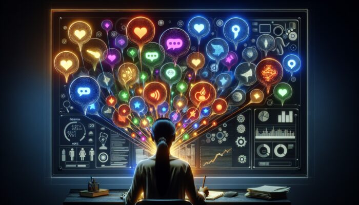 A person examining user feedback bubbles on a digital interface, distinguishing valuable insights from irrelevant noise.
