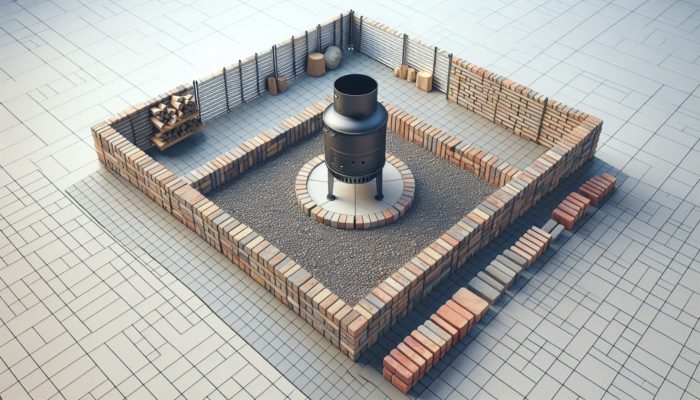 A chimney starter on a concrete surface with bricks and pavers for stability and safety.