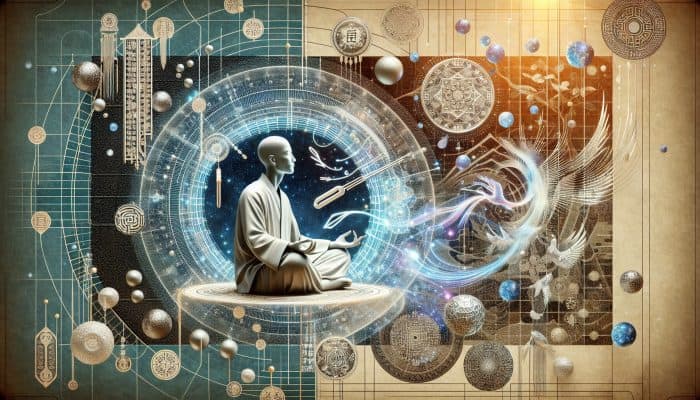 Ethereal Qi flowing through meridians, acupuncture needles on serene figure, symbols of balance and harmony in traditional Chinese setting.