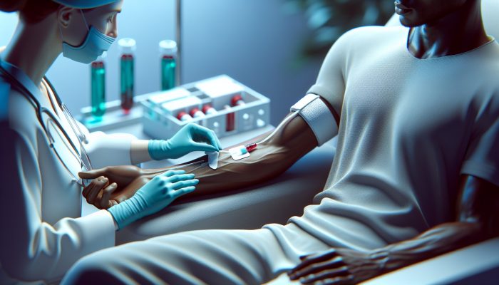 A healthcare professional drawing blood from a patient's arm in a serene medical setting.