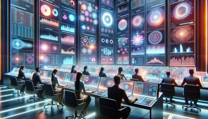 Futuristic control room filled with screens displaying video ads, experts analysing data, and holographic optimisation charts.