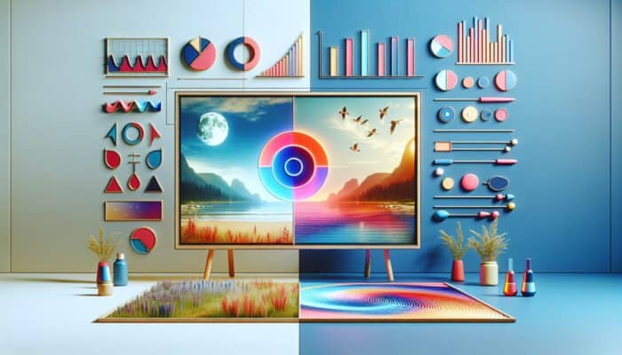 Two video ads displayed on a split screen; one featuring a bold call-to-action, the other showcasing soft, emotional imagery; analytics graphs displayed.