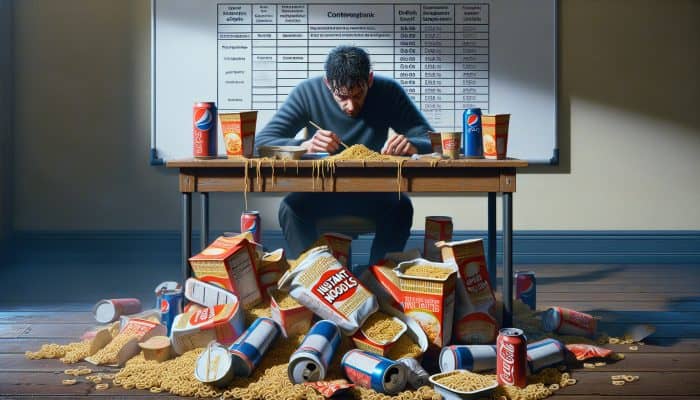 A weary UK worker surrounded by clutter of instant noodles, fast food, and energy drinks, struggling with nutrition due to long hours.