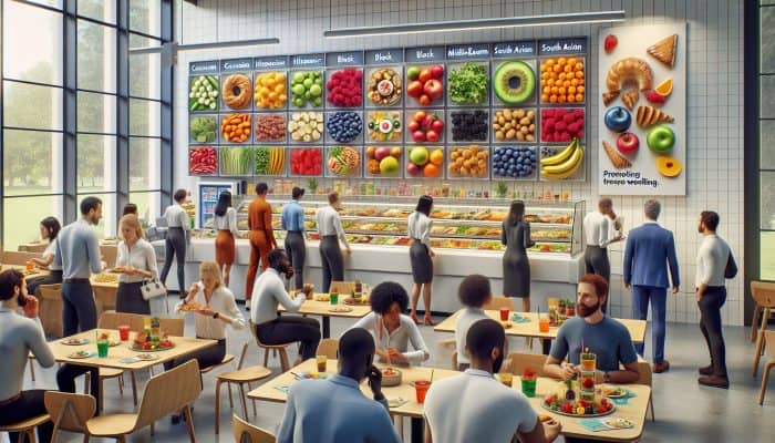 A bustling UK office cafeteria showcasing diverse food options including salads, fruits, and pastries, alongside wellness posters promoting healthy eating.