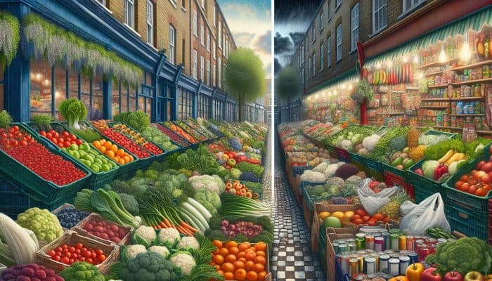 Affluent UK neighbourhoods with fresh produce markets contrasted with food deserts containing processed foods in lower socioeconomic areas.