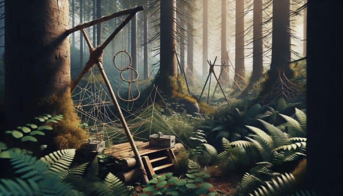 A wilderness scene featuring a variety of DIY survival traps including twine snares and gravity-powered deadfall traps nestled among trees and underbrush.