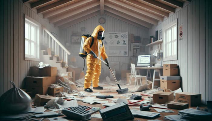 Worker in hazmat suit clearing cluttered house with specialized tools under expert supervision.