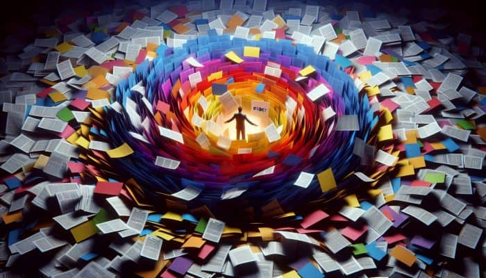 How to Choose a Debt Consolidation Lender: UK Guide | DCL Person overwhelmed by swirling debt papers, finds relief in consolidating into a single glowing loan document.