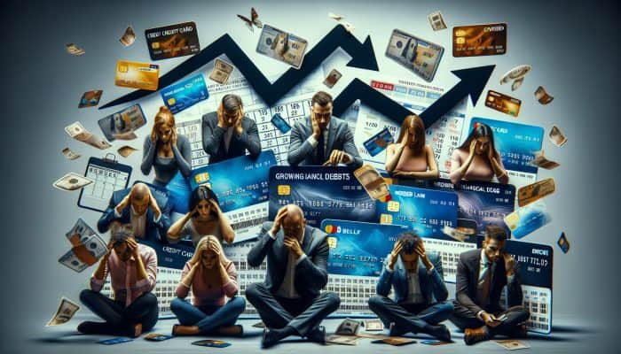 Person overwhelmed by debt, new credit cards, bills, missed payments, declining credit score graph.