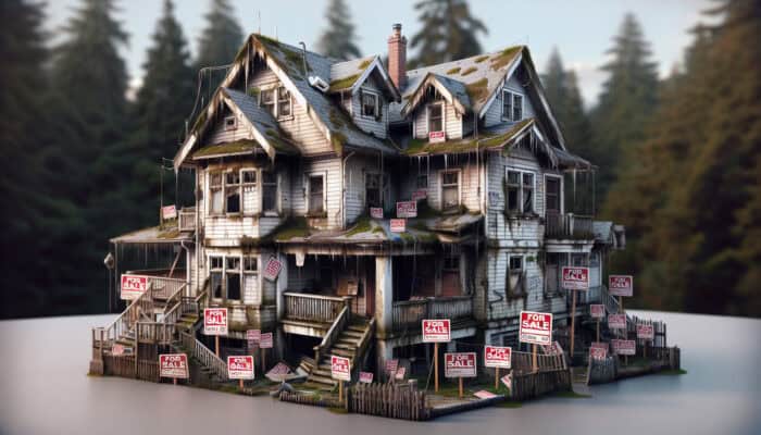 A dilapidated house in Kitsilano with water stains and mold, surrounded by 'For Sale' signs.
