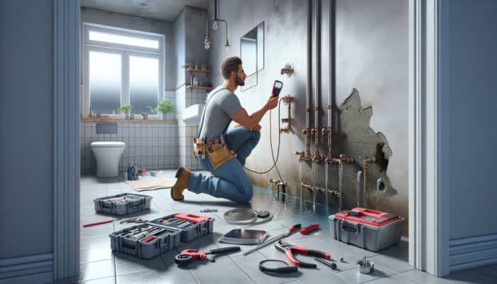 A plumber uses a moisture meter on a damp wall and pressure testing equipment on pipes in a modern bathroom.