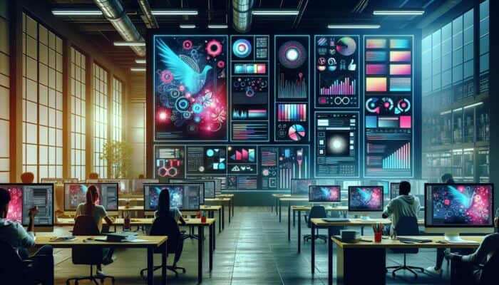 A graphic design workspace with ad templates on screens, showing modern and classic styles, and tools around.