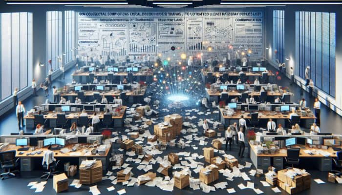 A chaotic office scene depicting common disaster recovery pitfalls like outdated plans and untrained staff.