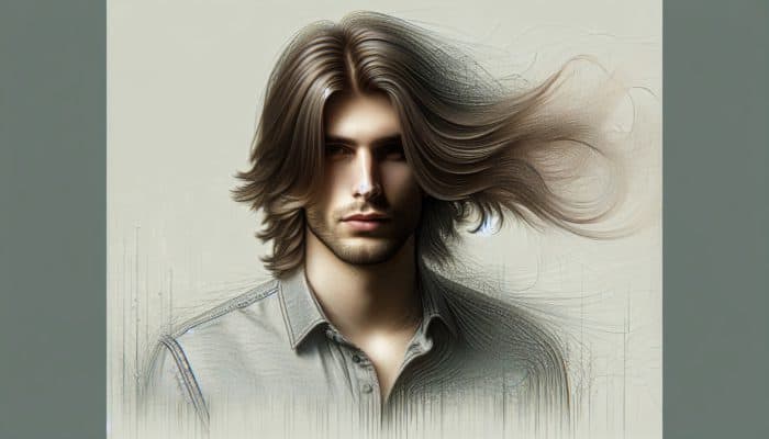 Man with long layered hair, showcasing volume and movement, in a casual style that softens facial features.