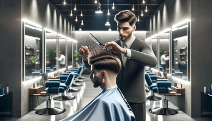 A barber precisely cutting long layers in a man's hair in a modern shop with mirrors and focused lighting.