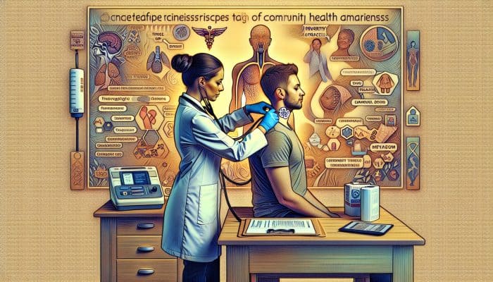 A healthcare professional conducting a thyroid test, surrounded by success stories and health awareness posters in Uppingham.