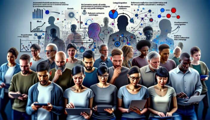 A diverse group using digital devices, surrounded by graphs analyzing their behaviors for marketing strategies.