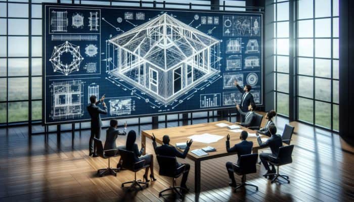 Blueprint of portable shelter kit with experts discussing in a modern conference room.