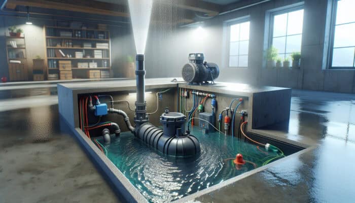 Sump Pump Services in Port Coquitlam: Sump pump in basement sump basin actively pumping out water during heavy rainfall in Port Coquitlam.