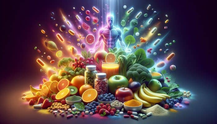 A colourful display of fruits, vegetables, and supplements representing essential micronutrients for muscle recovery.