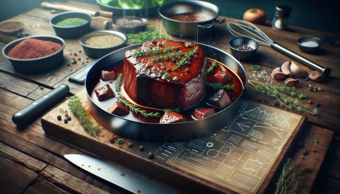 Succulent braised meat in rich sauce with herbs on a rustic table, chef's tools in background.