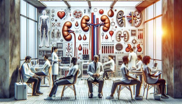 Diverse group getting kidney blood tests in clinic, focusing on health awareness and prevention.