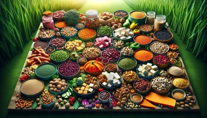 A colourful display of various plant-based proteins including legumes, grains, nuts, seeds, tofu, tempeh, and seitan on a green background.