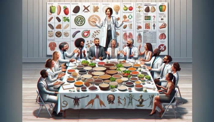 A table displaying tofu, lentils, quinoa, and nutrition experts discussing statistics, with charts and graphs.