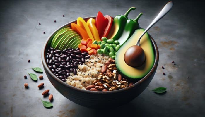 A vibrant bowl filled with brown rice, black beans, bell peppers, avocado, and nuts, showcasing a nutrient-rich and balanced meal.