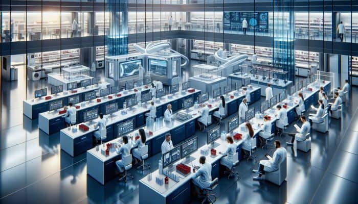 Modern Bedford lab with advanced equipment and scientists analysing diabetes blood samples.