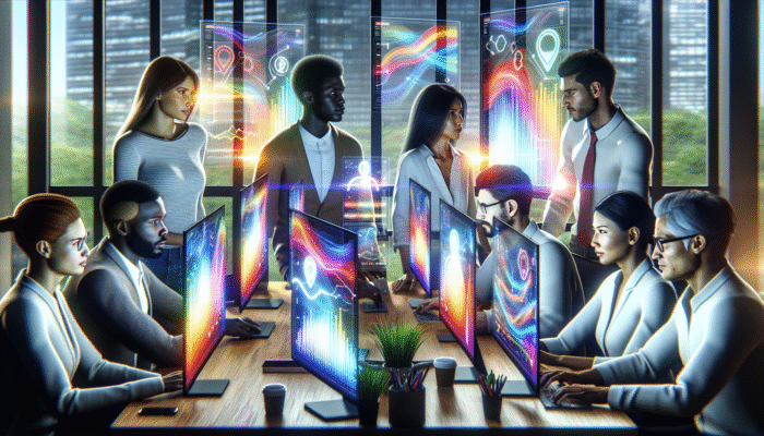 A digital marketing team analysing SEO data on screens in a modern office, focusing on strategic content optimization.