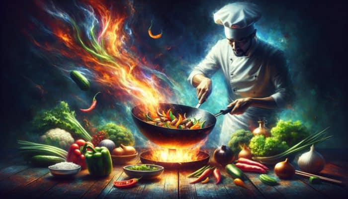 Chef using a carbon steel wok to stir-fry vegetables and meat, flames visible, achieving authentic smoky flavor.