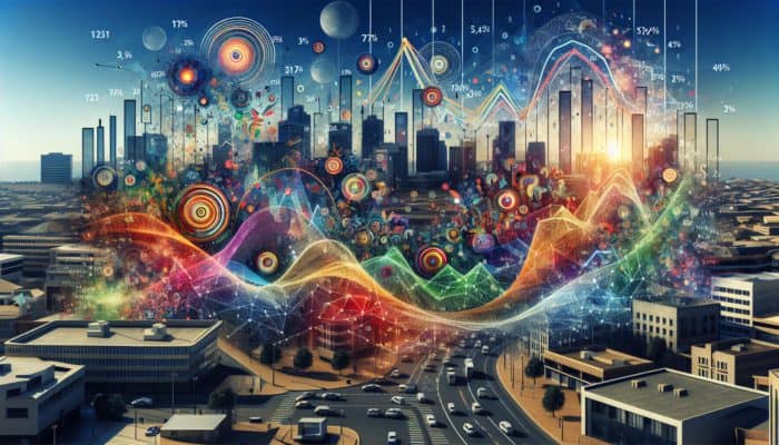 Interest Rate Shifts Impact Randburg First-Time Buyers: Colourful graphs of economic indicators influencing interest rates, with Randburg skyline in background.